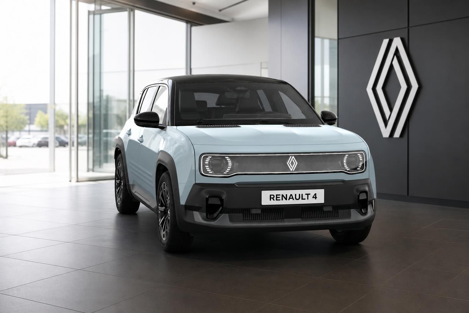 Renault 4 in Hellblau mit schwarzem Dach im Autohaus-Showroom