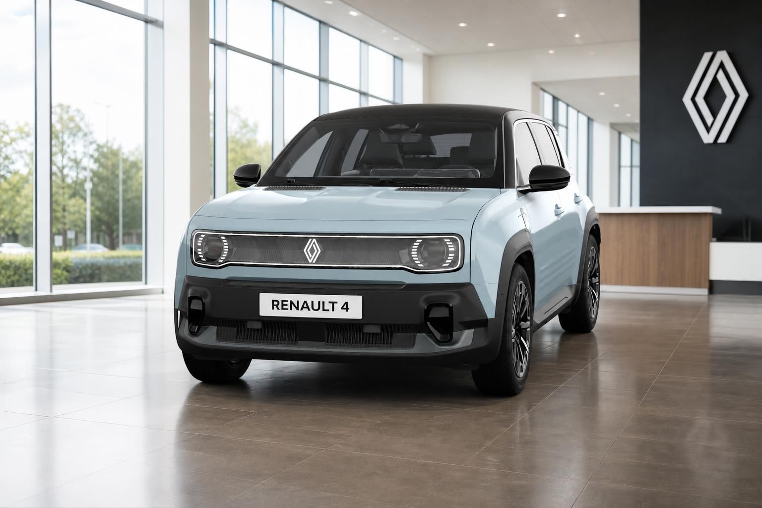 Renault 4 Frontansicht hellblau im modernen Autohaus