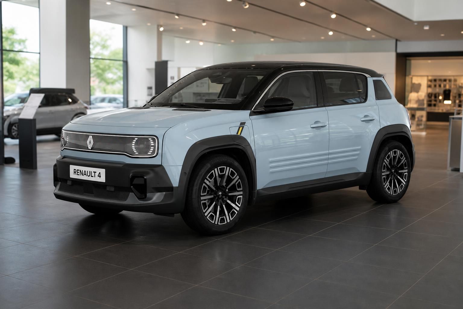 Renault 4 hellblau, Frontansicht schraeg im Showroom