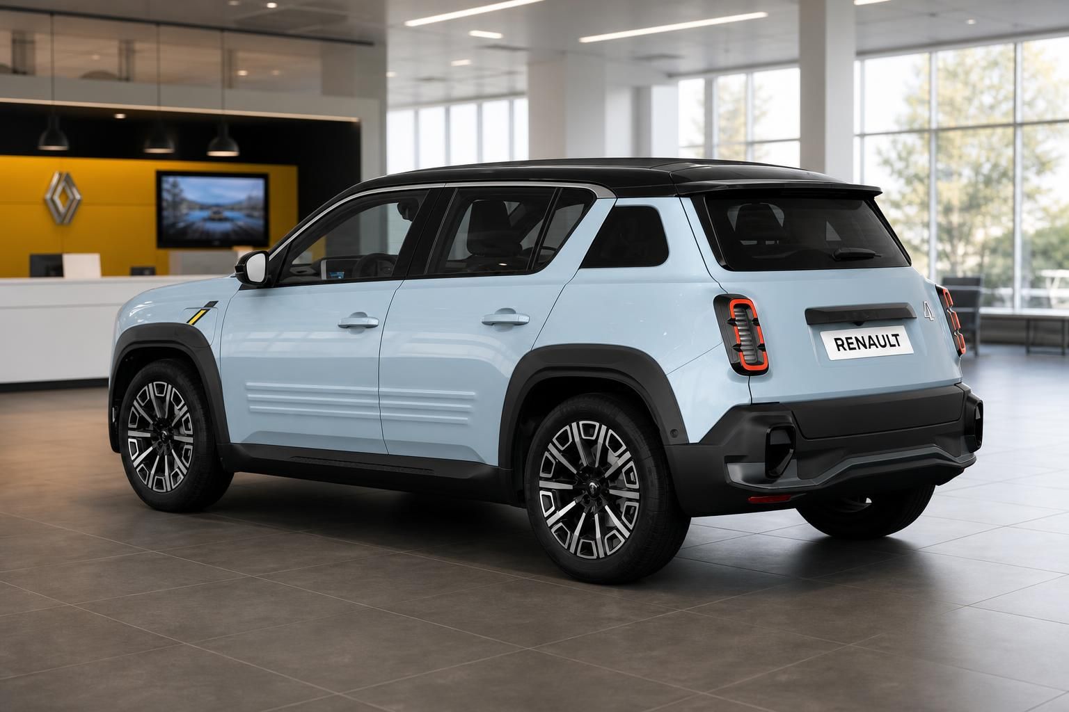 Renault 4 in Hellblau, Heckansicht im Autohaus-Showroom