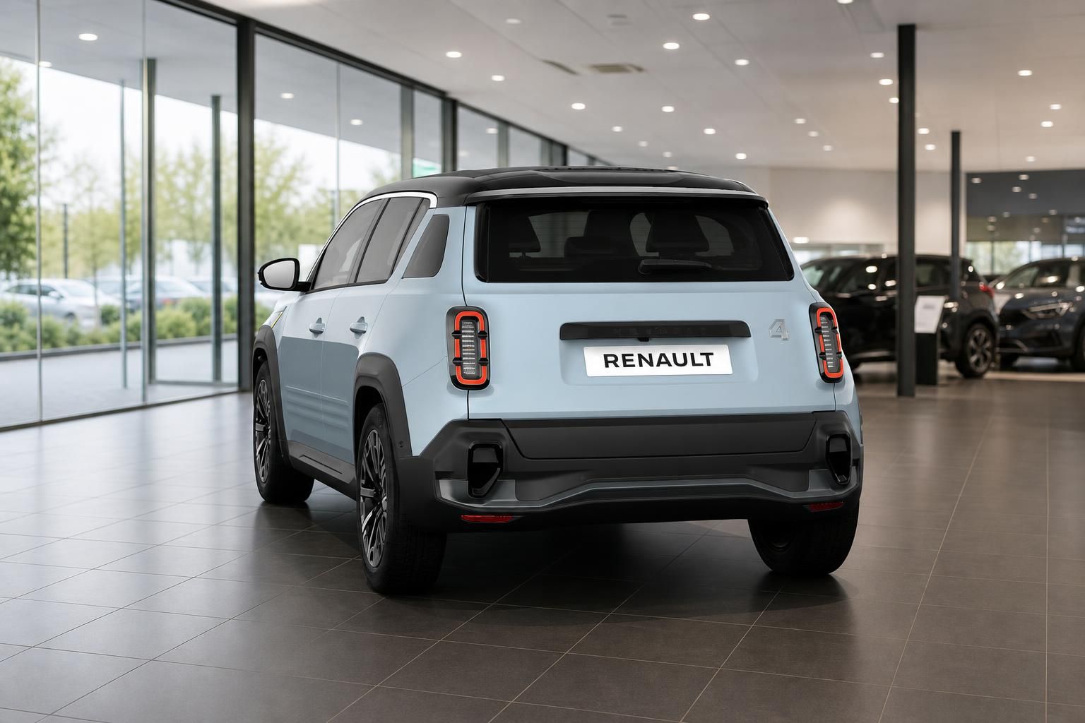 Renault 4 in Hellblau, Heckansicht im modernen Autohaus