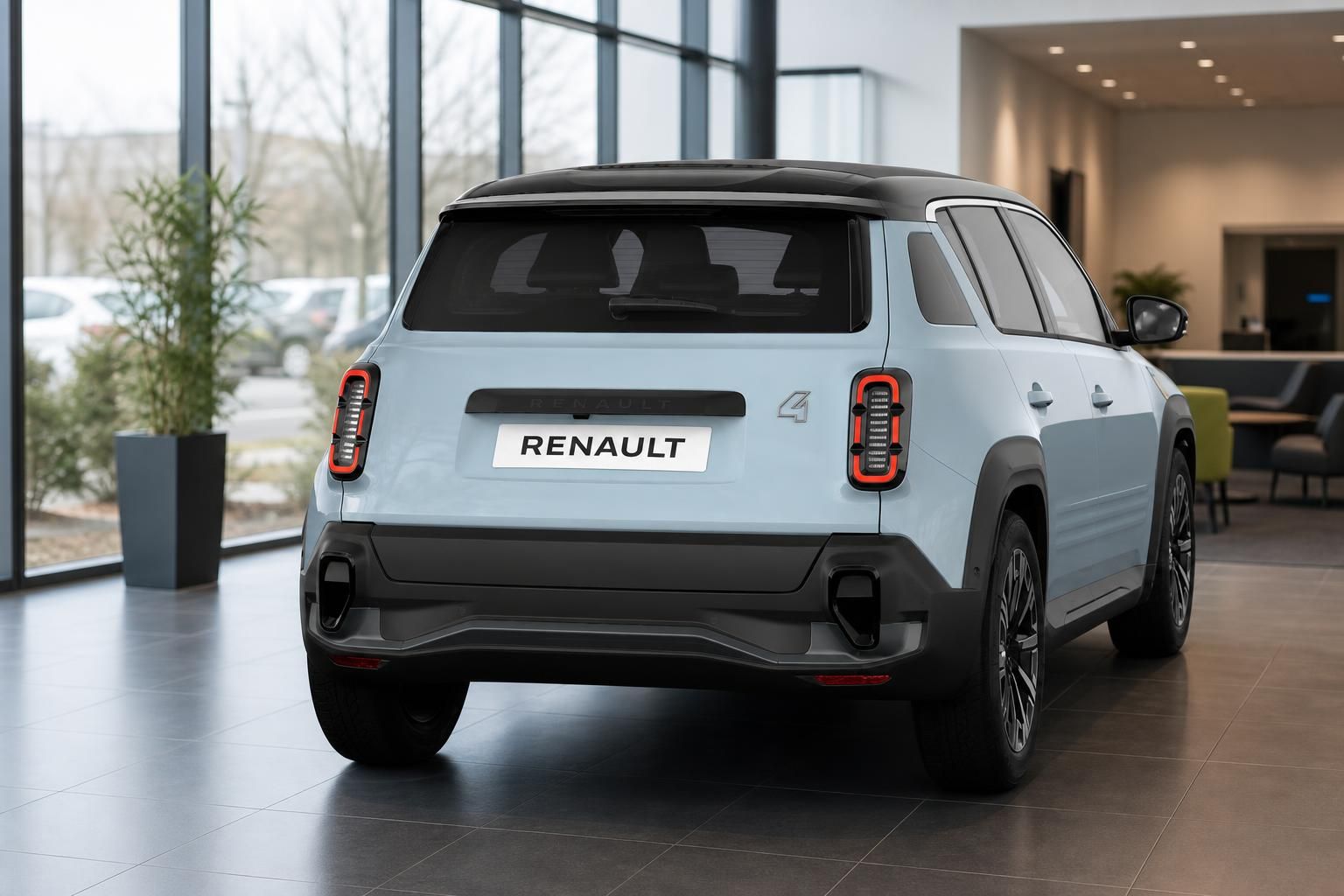 Renault 4 in Hellblau, Heckansicht im Autohaus-Showroom