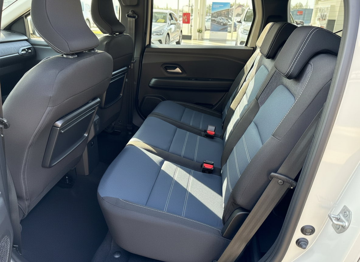 Fahrzeug Innenraum Rücksitzbank blau-grau mit Sicherheitsgurten und Kopfstützen