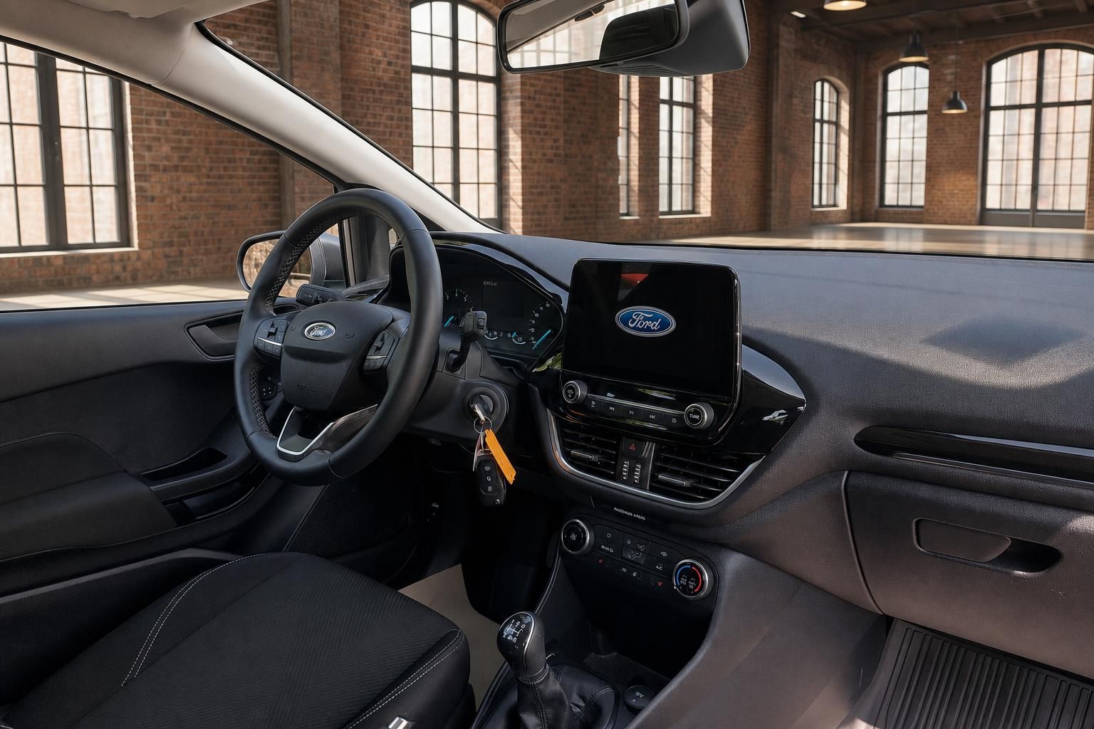 Ford Fiesta Cockpit – Lenkrad, Touchscreen-Infotainment und Mittelkonsole mit Schaltknauf