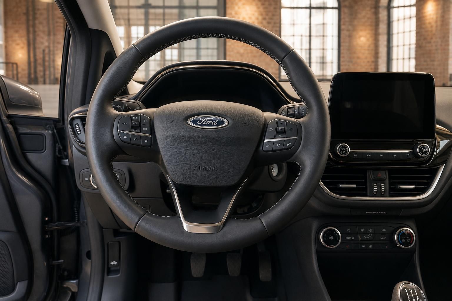 Ford Fiesta Lenkrad – Detailansicht mit Multifunktionstasten, Airbag und Infotainment-Display