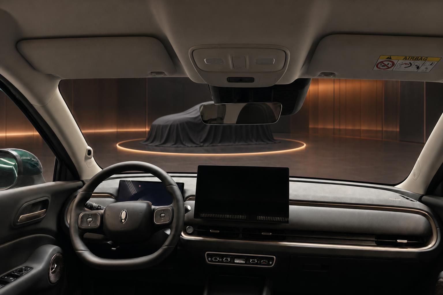 Innenraum GWM Ora 5 mit Cockpit, Lenkrad und Infotainment-Display