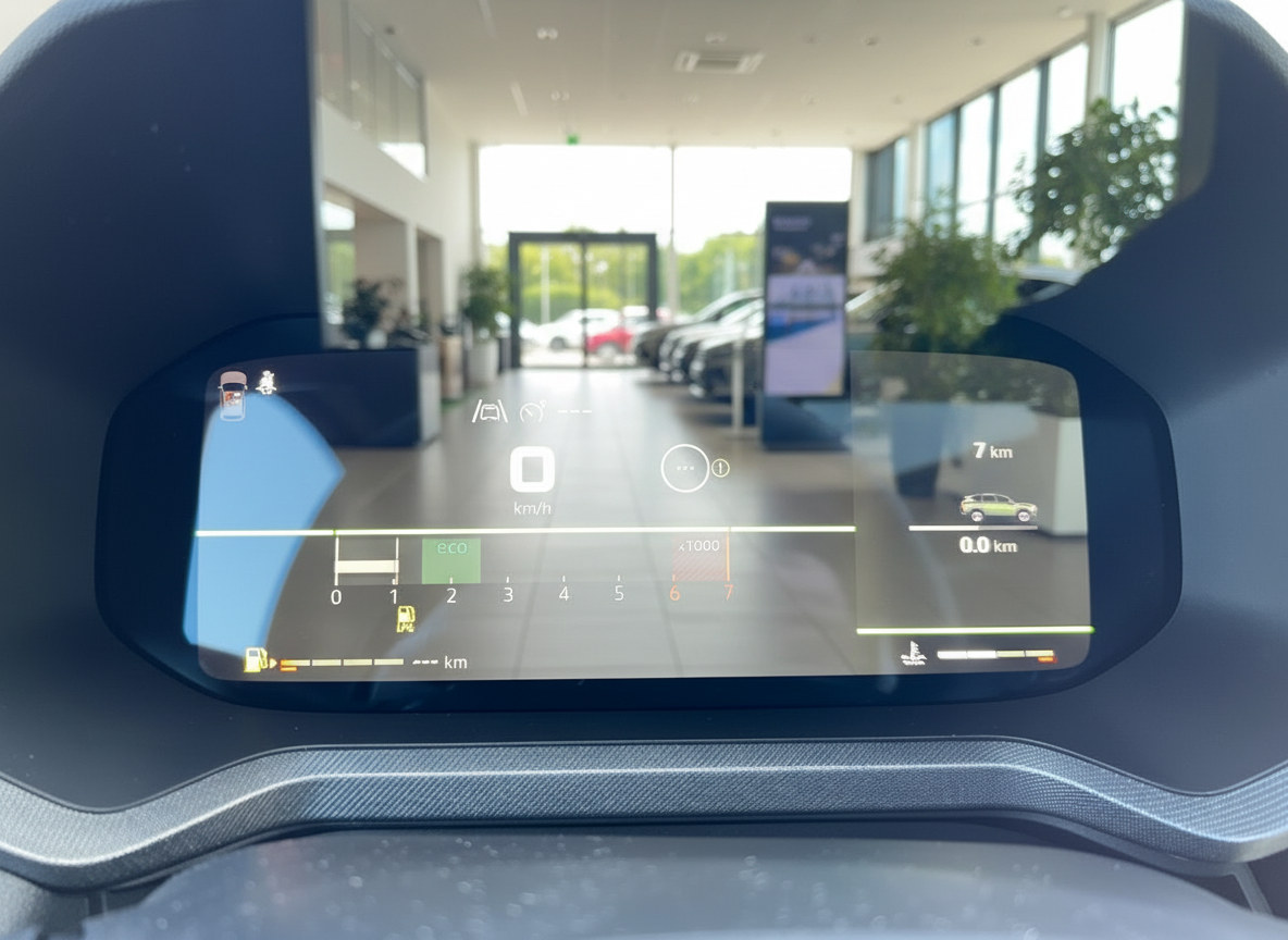 Digitales Cockpit-Display eines Renault mit Tachometer, ECO-Modus und LPG-Anzeige im Autohaus