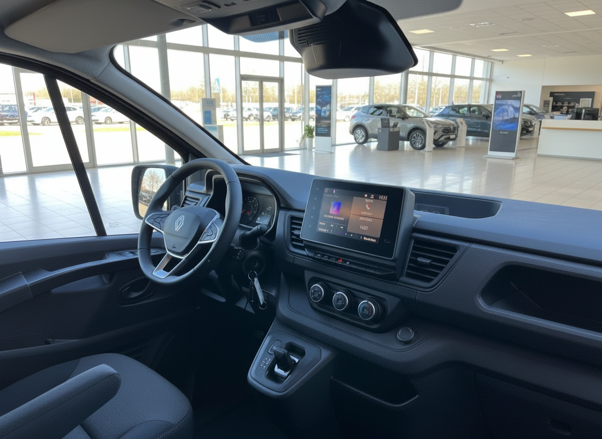 Renault Trafic Innenraum mit Lenkrad, Infotainment-Display und Cockpit im Autohaus