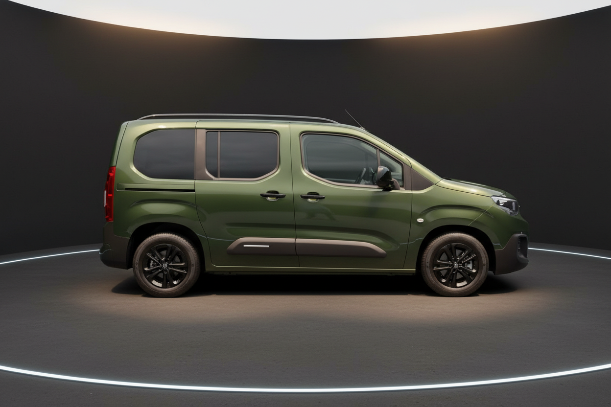 Opel Combo Life in Olivgrün, Seitenansicht in modernem Studio-Setting