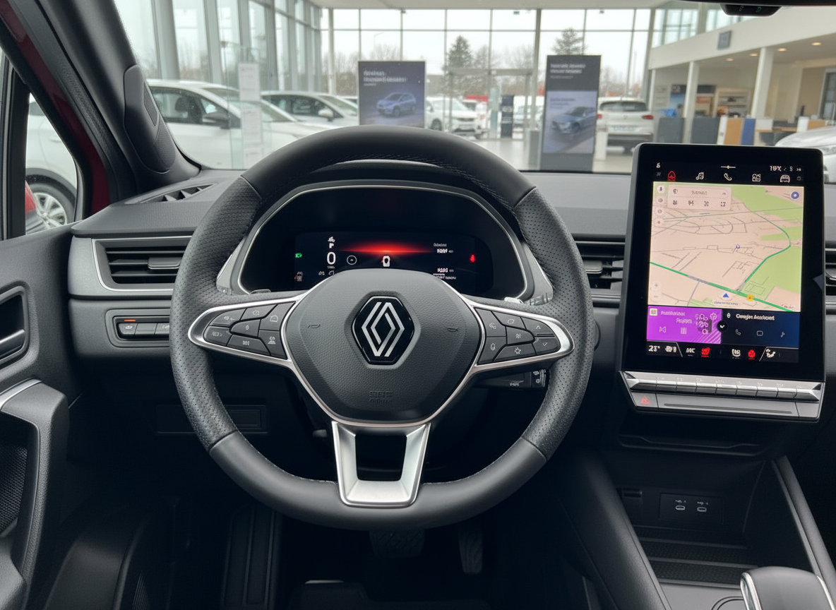 Renault Innenraum mit Lederlenkrad, digitalem Cockpit und großem Touchscreen-Navigationssystem