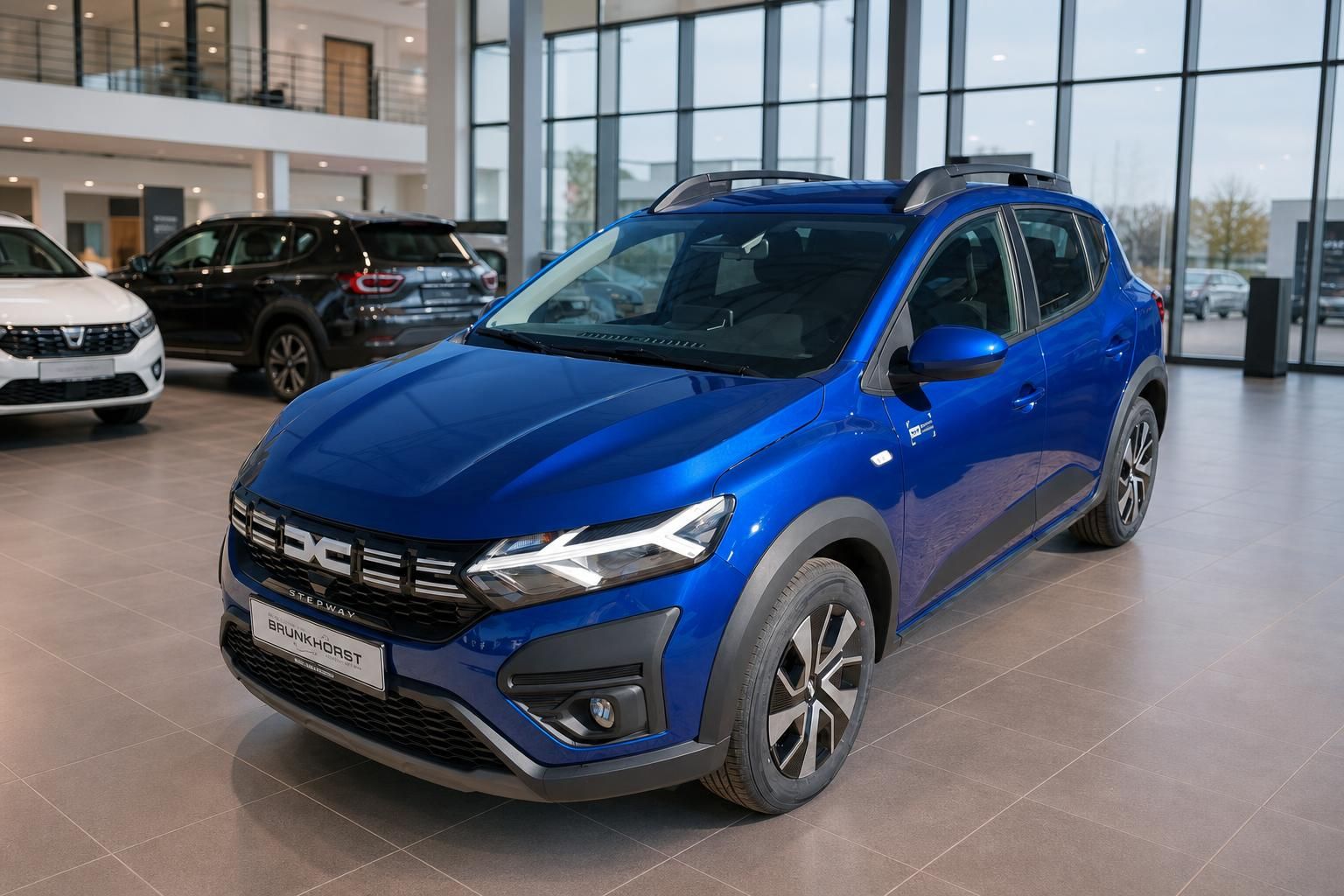 Blauer Dacia Sandero Stepway SUV von schräg vorne im Autohaus-Showroom