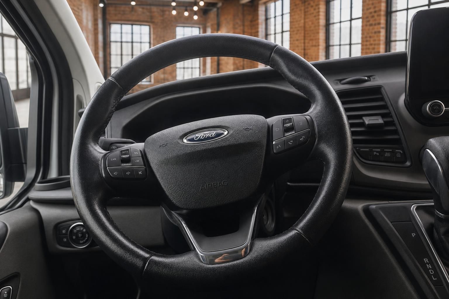 Ford Transit Lenkrad mit Bedienelementen und Ford Logo Nahaufnahme
