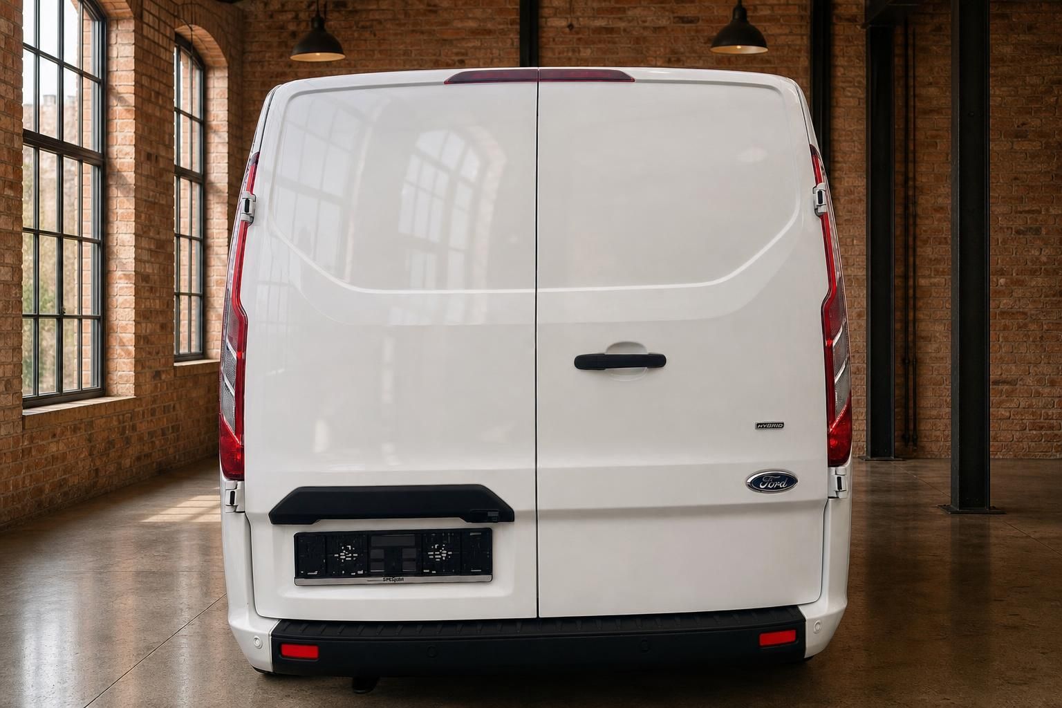 Ford Transit Custom weiß, Heckansicht mit Ford-Logo Hybrid
