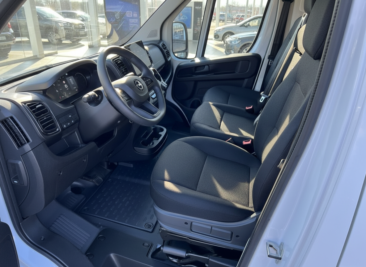 Opel Movano Innenraum mit schwarzen Stoffsitzen, Lenkrad und Armaturenbrett in weiß