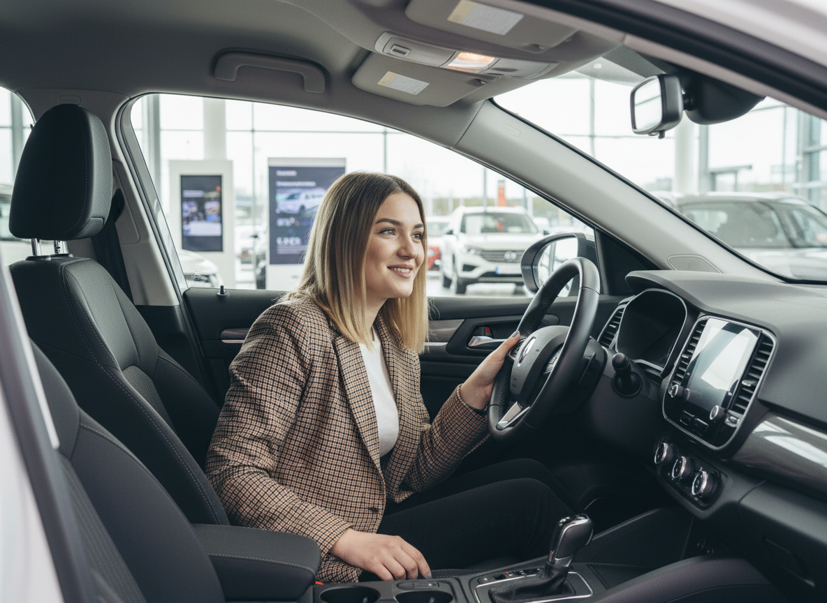 Frau sitzt im Fahrzeuginnenraum eines Renault und hält das Lenkrad im Autohaus