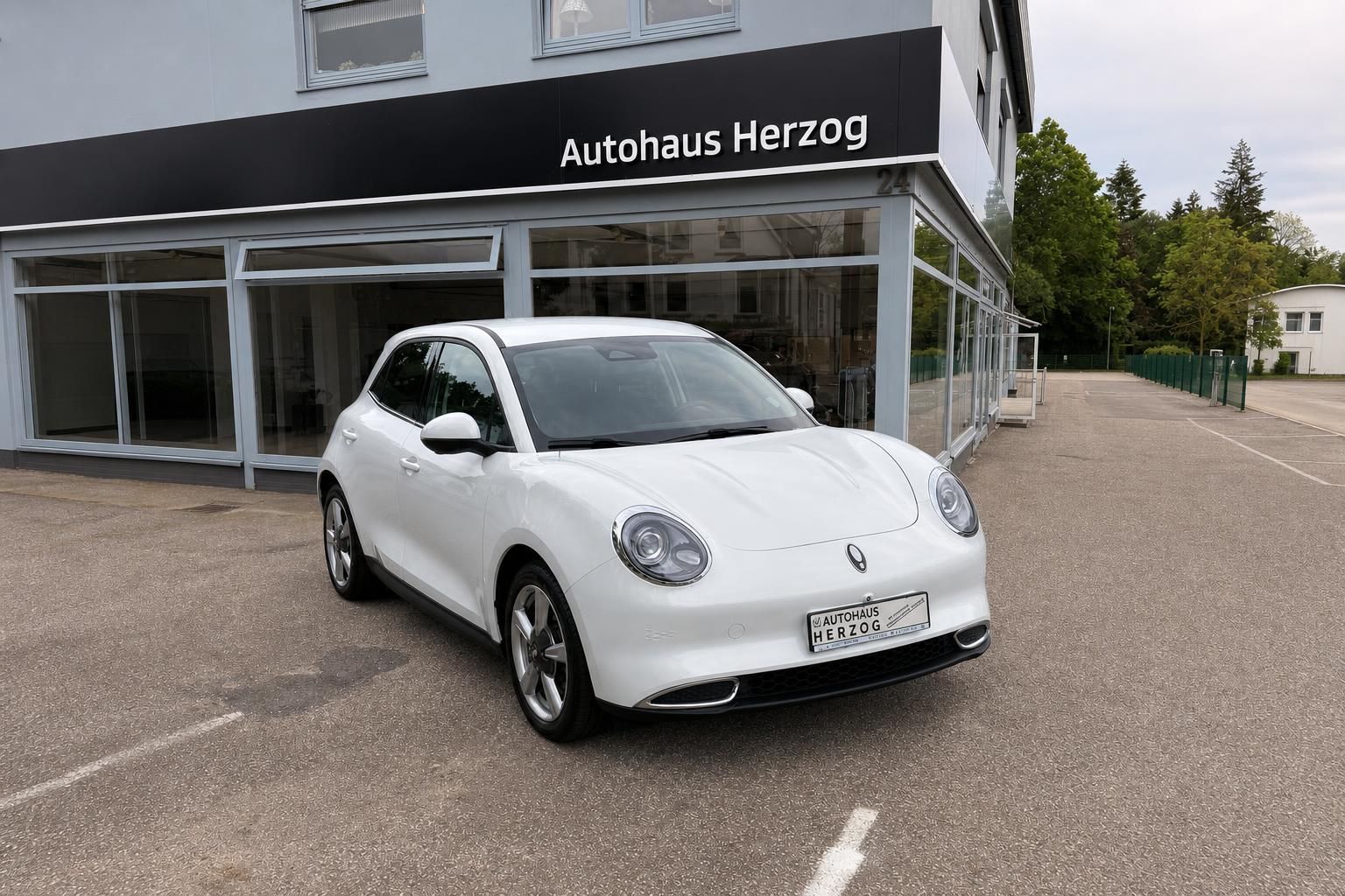 Weißer Kompakt-SUV in Frontansicht vor Autohaus Herzog geparkt
