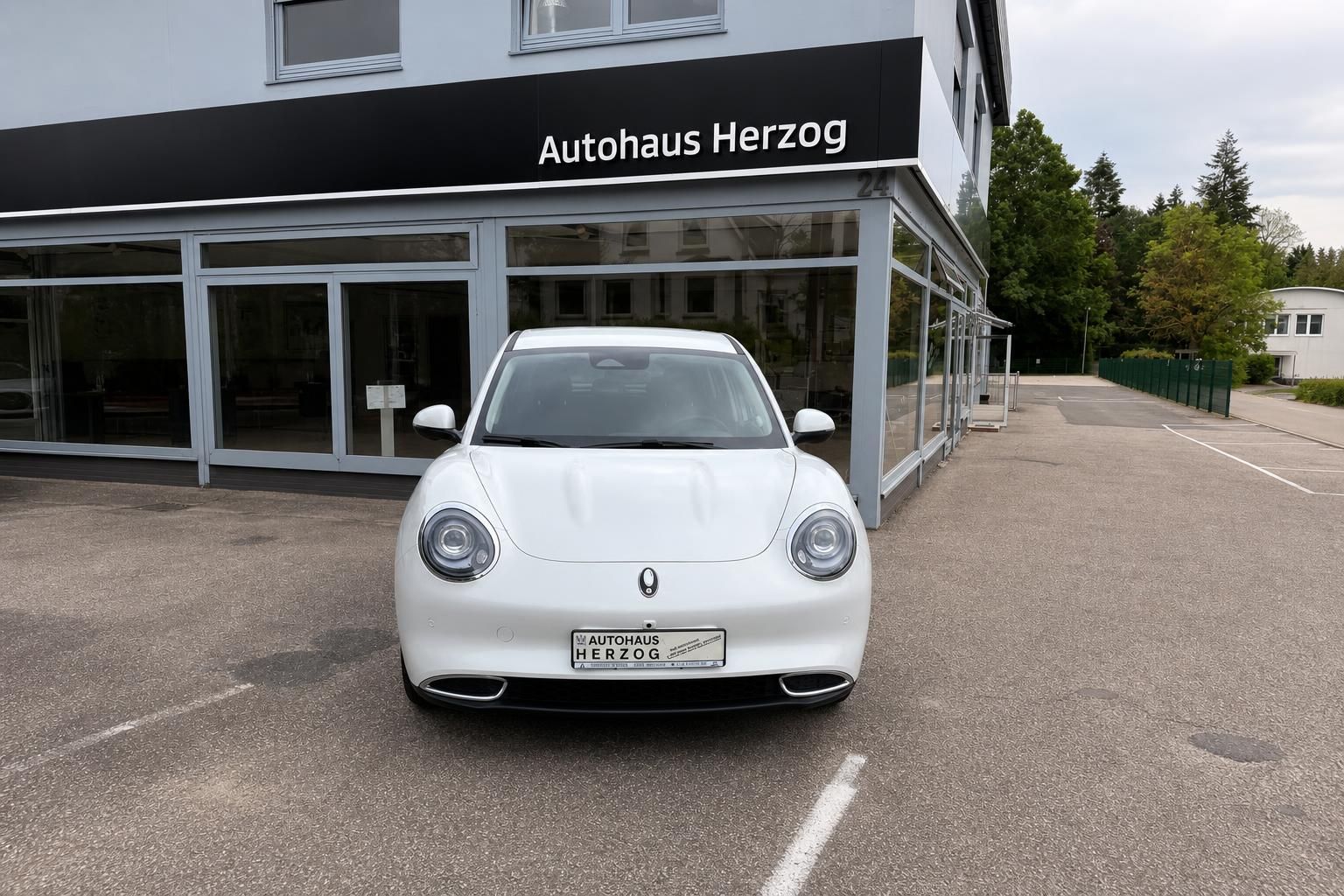 Weißes Fahrzeug in direkter Frontalansicht vor dem Autohaus