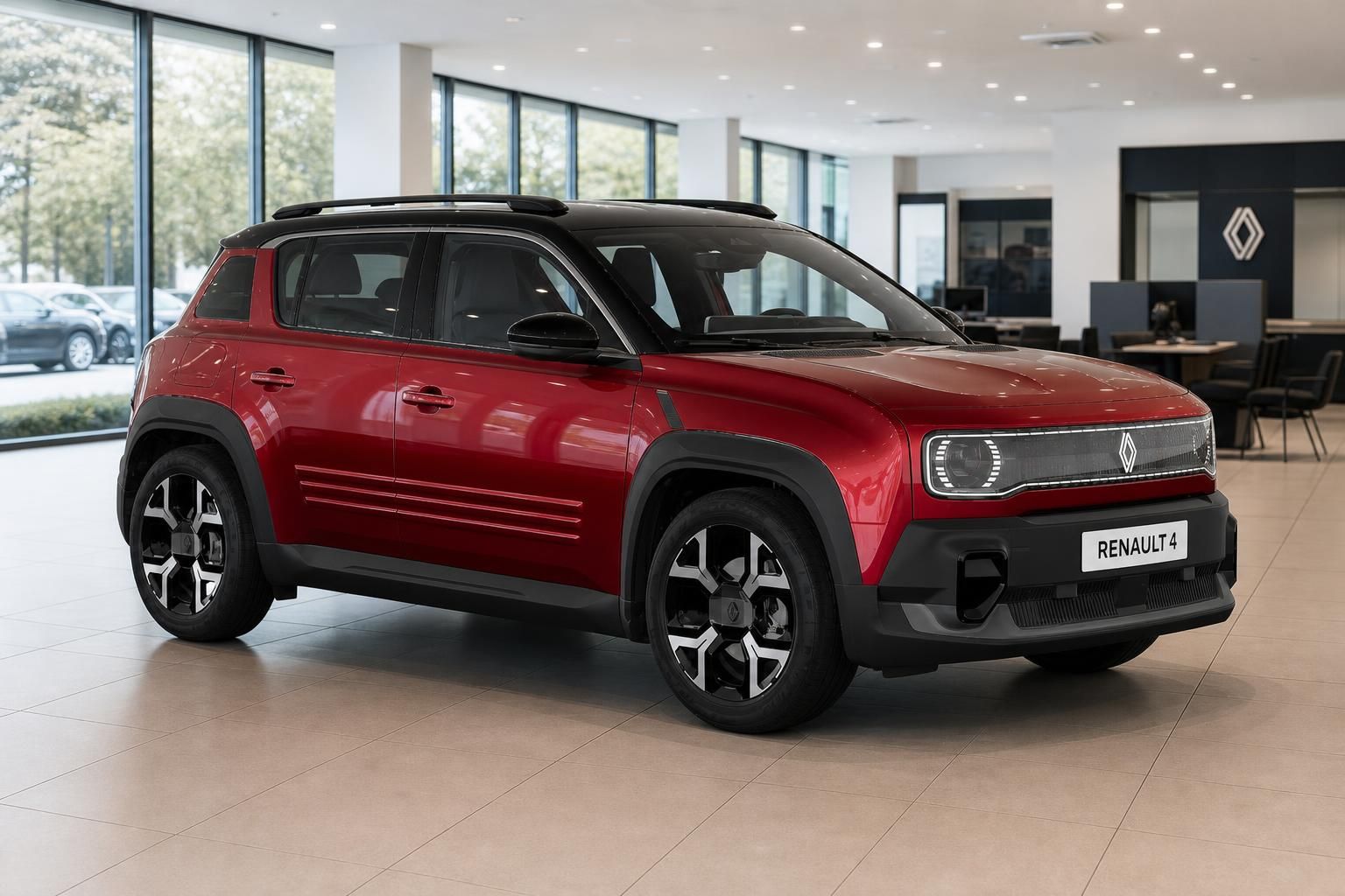 Renault 4 in Rot, Seitenansicht schräg im modernen Showroom