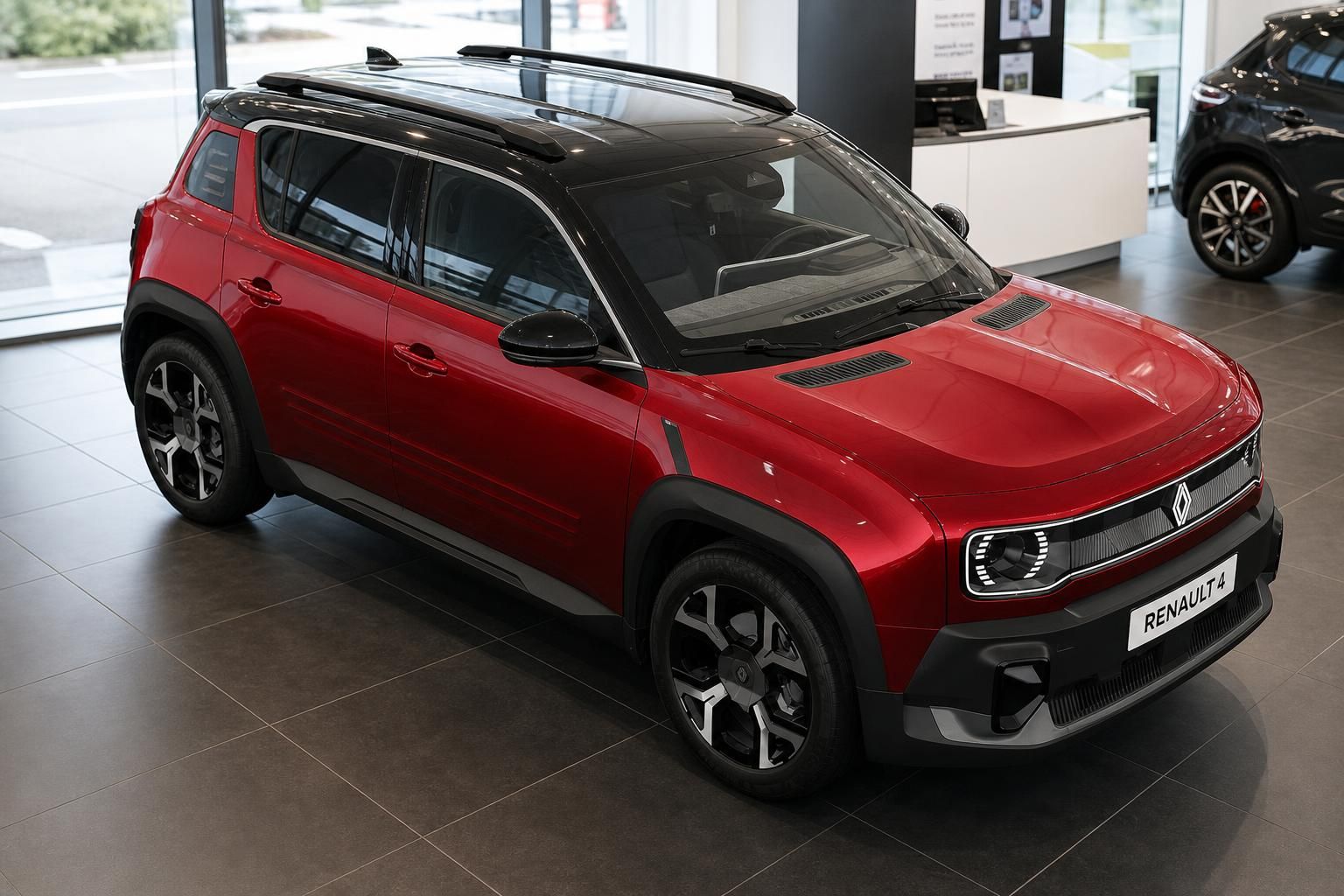 Roter Renault 4 schräg von vorne, Ansicht im Autohaus