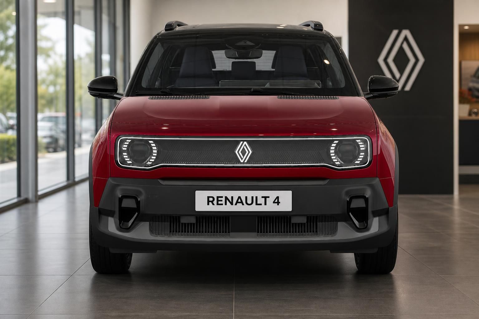 Renault 4 in Rot mit schwarzem Dach, Frontansicht im Showroom