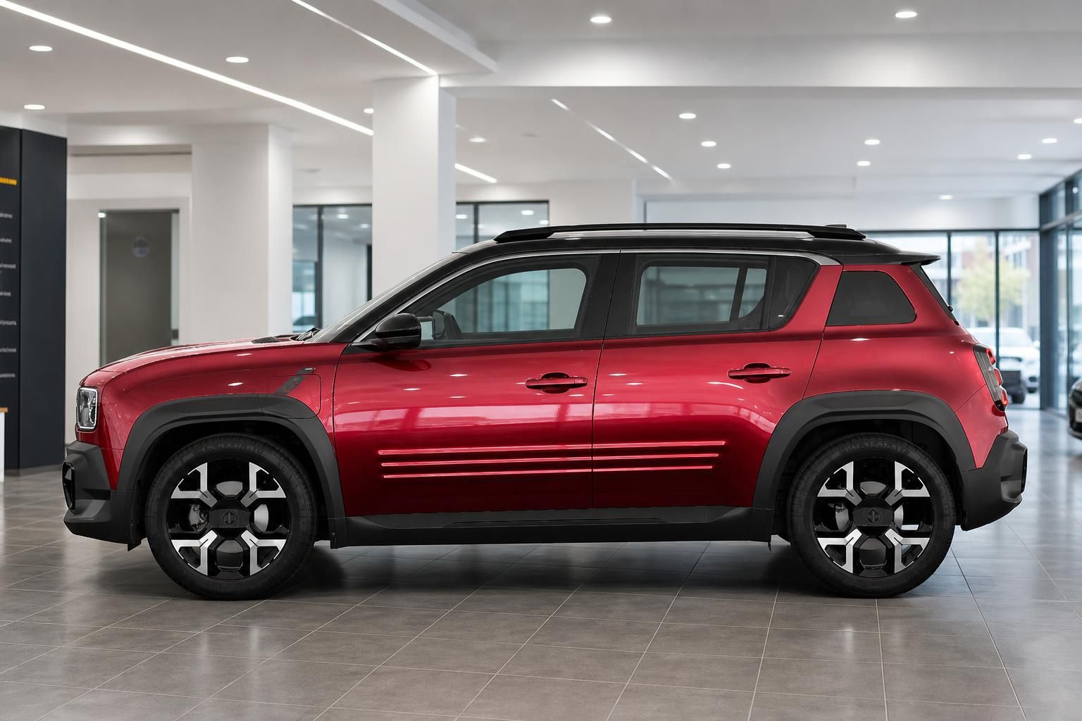 Roter Renault 4 in Seitenansicht mit Zweifarblack im Showroom