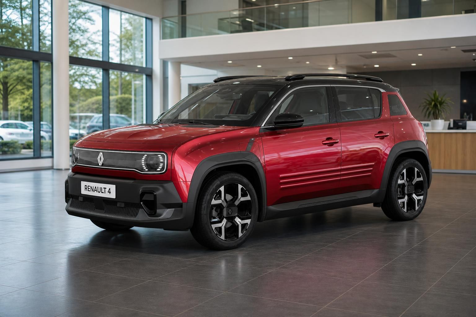 Roter Renault 4 in Frontperspektive im Autohaus-Showroom