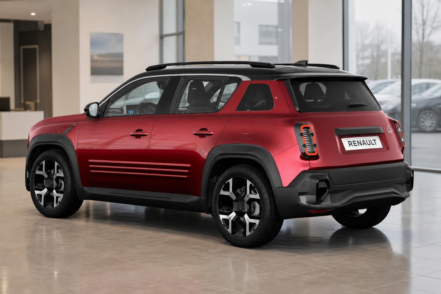 Renault 4 rot mit schwarzem Dach, Heckansicht im Autohaus-Showroom