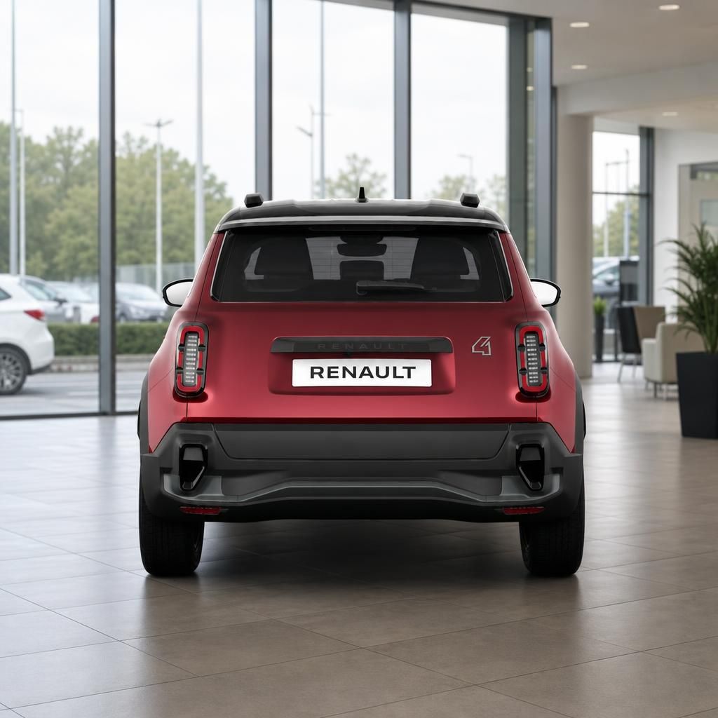 Renault 4 rot, Heckansicht mit Kennzeichenhalter im Autohaus