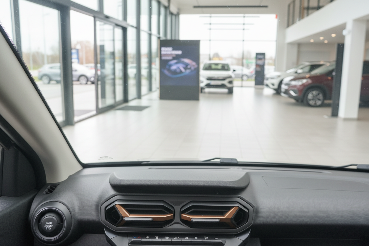 Innenraum eines modernen Fahrzeugs mit Kupfer-Lüftungsdüsen im Autohaus-Showroom