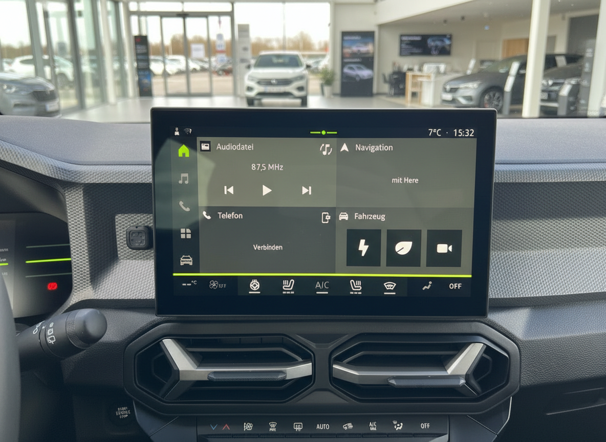 Fahrzeug-Infotainment-Display mit Audiodatei, Navigation und Fahrzeugmenü im Autohaus