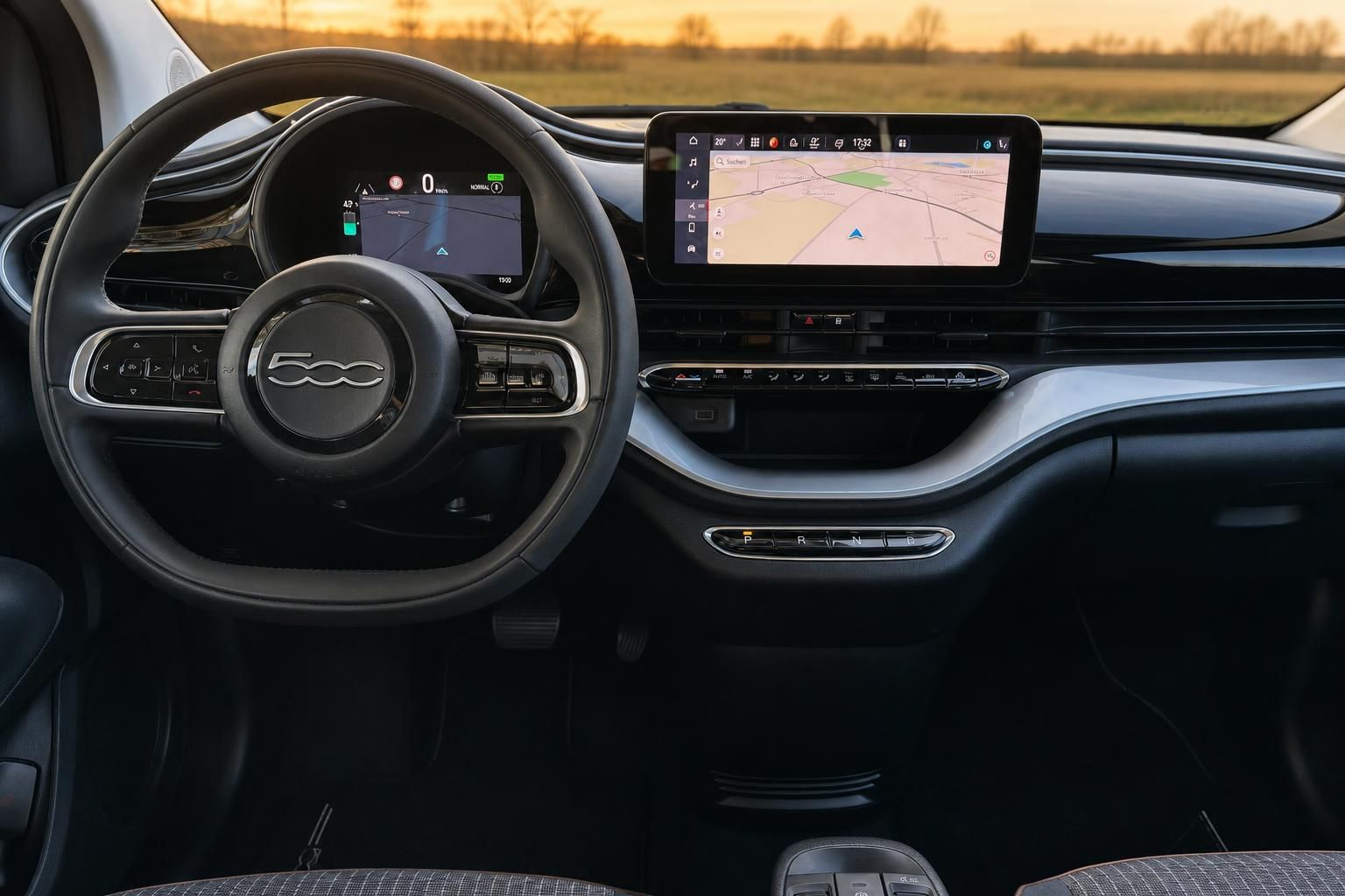 Fiat 500e Innenraum Cockpit mit Lenkrad, Digitaldisplay und Navigationssystem