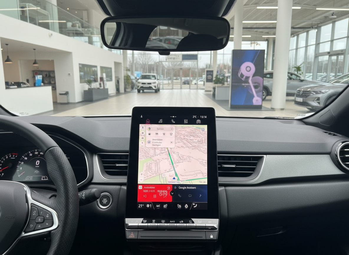 Renault Innenraum mit Touchscreen-Navigation und Google Assistant im Autohaus