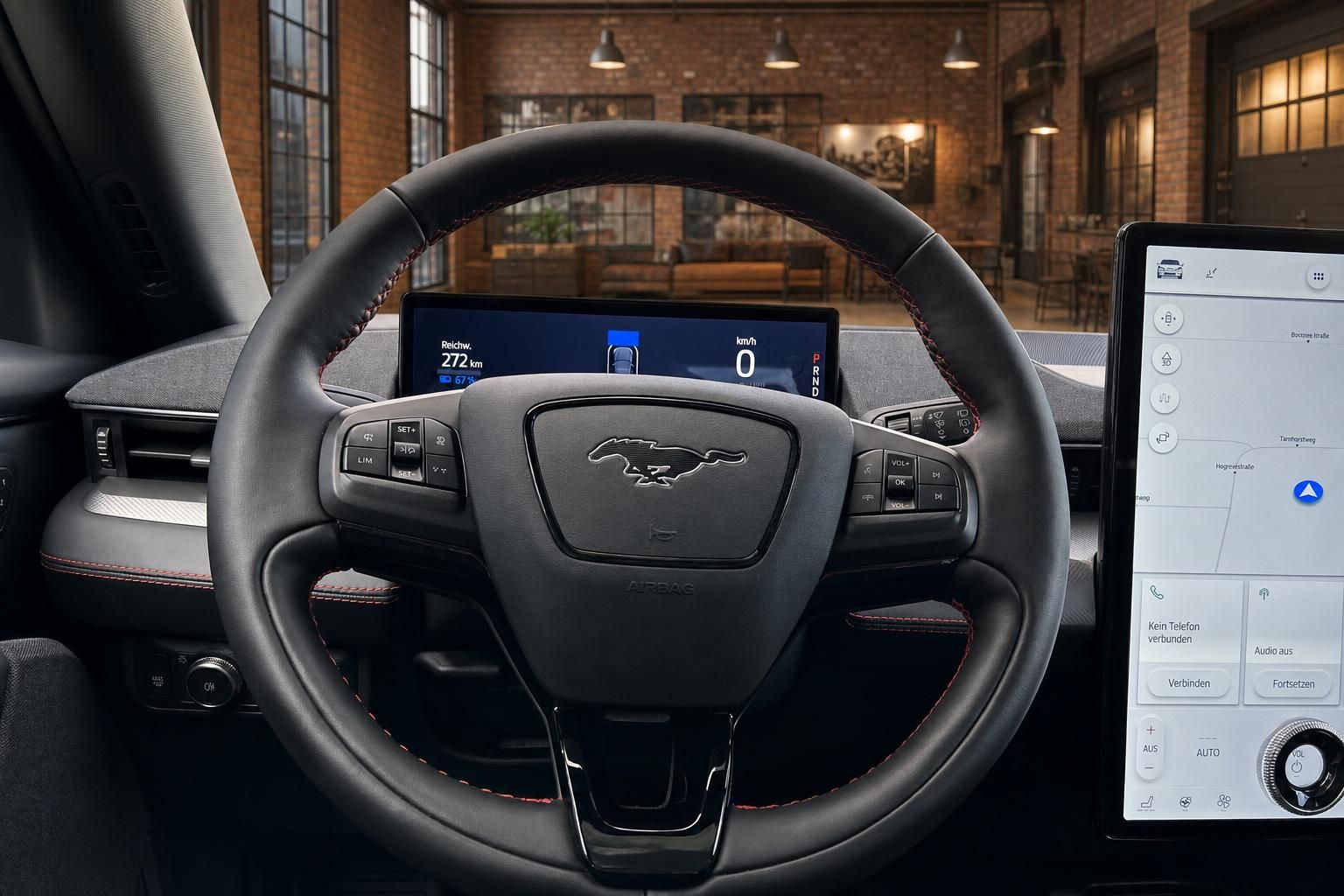 Ford Mustang Mach-E Lenkrad-Nahaufnahme – digitales Kombiinstrument mit Reichweitenanzeige 272 km
