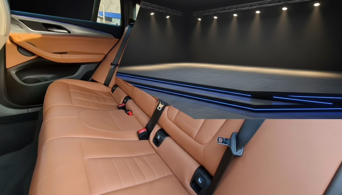 BMW Innenraum Rücksitzbank mit cognacfarbenem Leder und Sicherheitsgurten