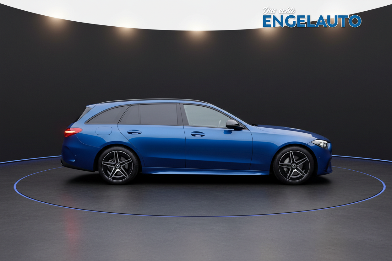 Mercedes-Benz C-Klasse T-Modell Kombi in Spektralblau metallic Seitenansicht bei Engelauto Händler mit AMG Line Ausstattung und 5-Speichen-Leichtmetallfelgen