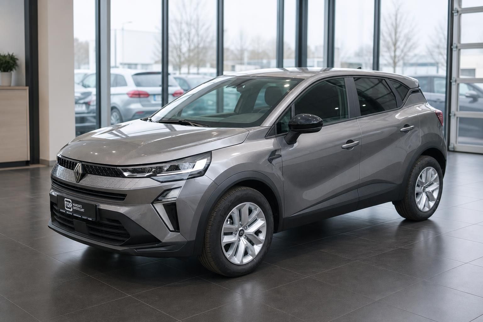 Grauer Renault SUV Frontansicht schräg im Autohaus mit großen Fenstern