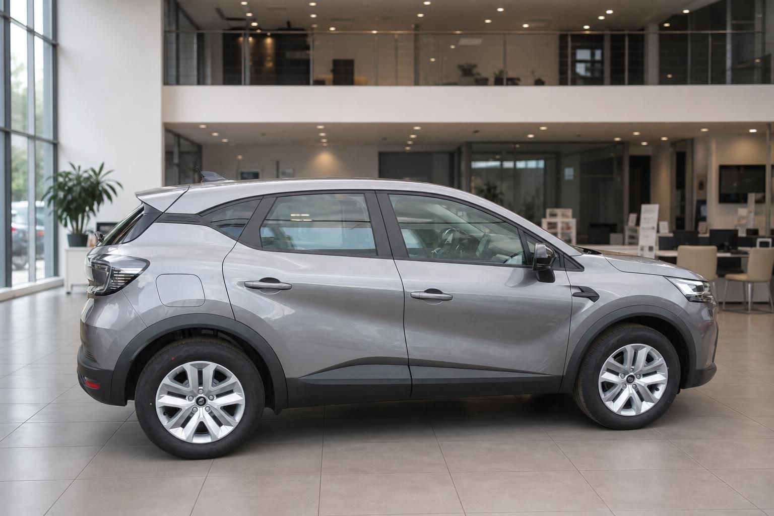 Grauer Renault SUV Seitenansicht rechts im modernen Autohaus Showroom