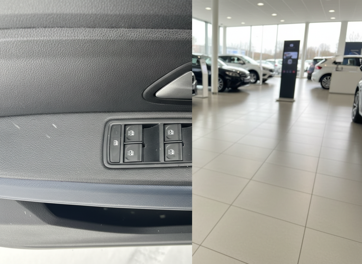 Fahrzeuginnenraum Türverkleidung mit Fensterheberschalter und Autohaus Showroom