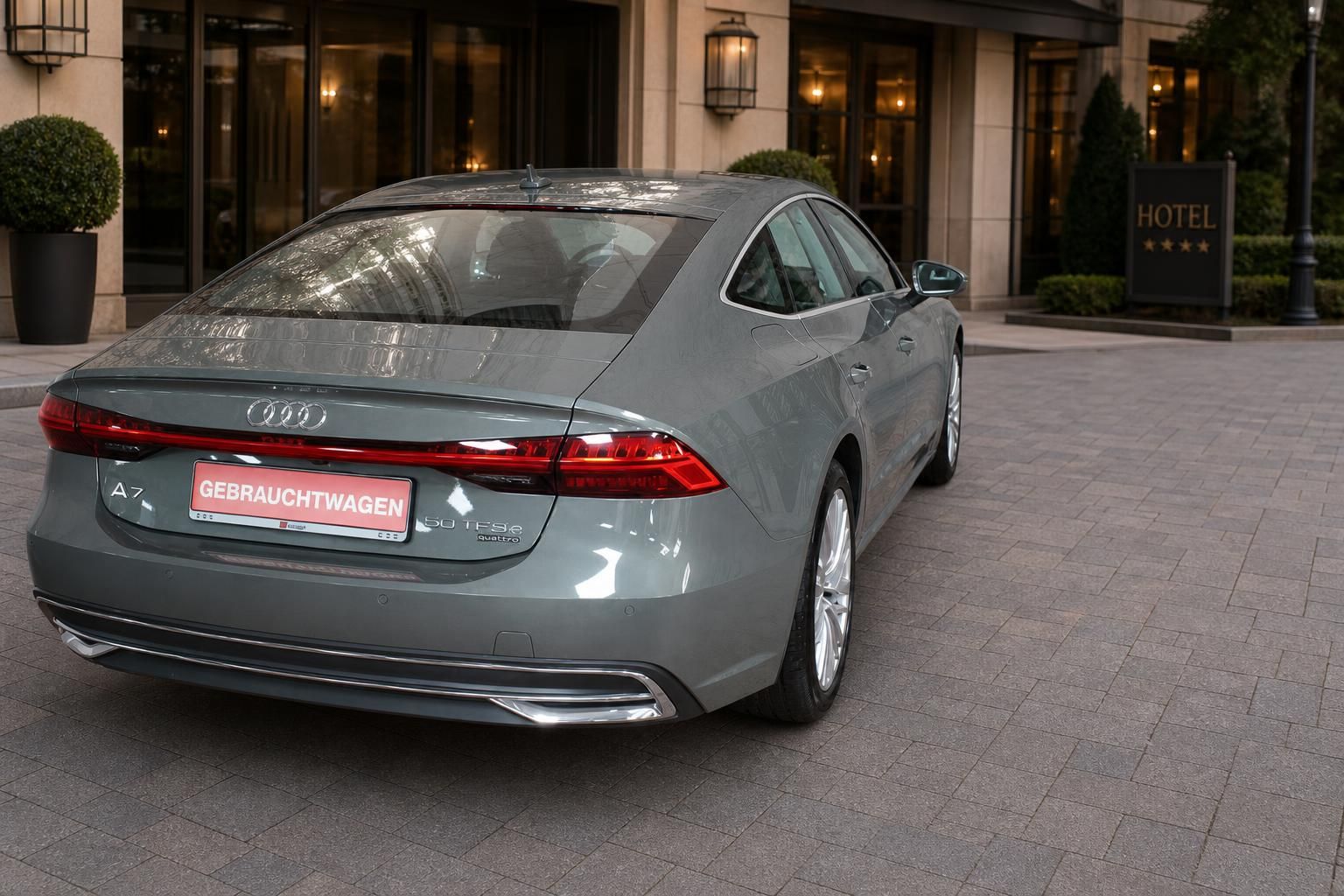 Audi A7 50 TFSIe quattro grau Heckansicht vor Hotel als Gebrauchtwagen