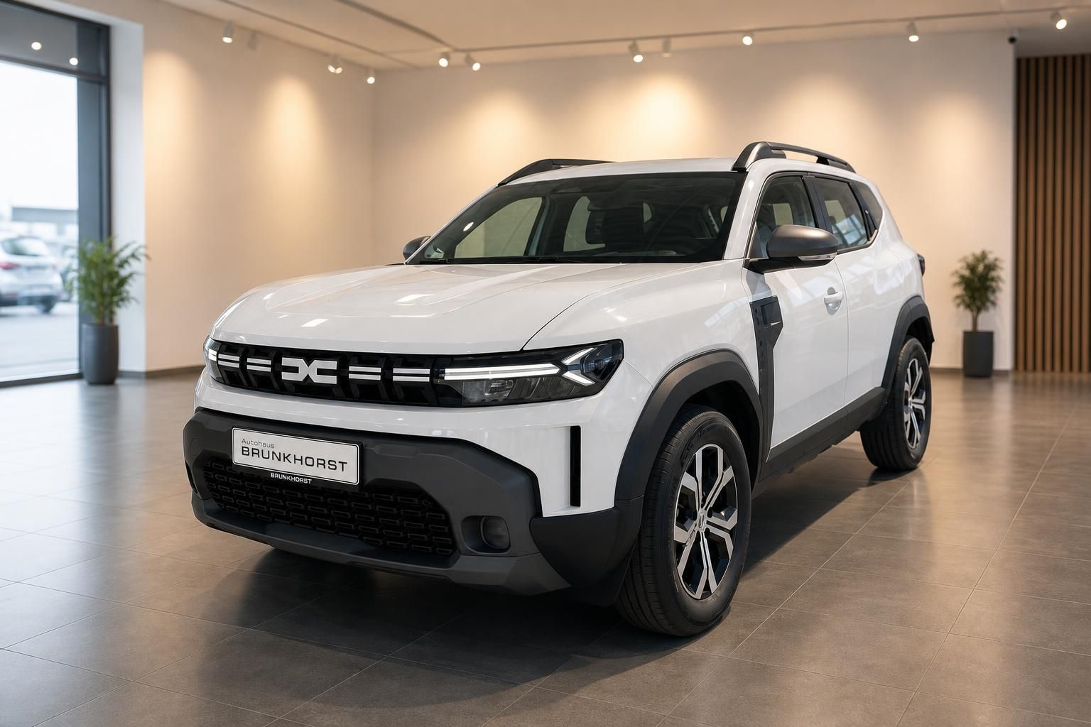 Weißer Dacia Duster SUV in modernem Autohaus Showroom - Frontansicht mit LED-Scheinwerfern