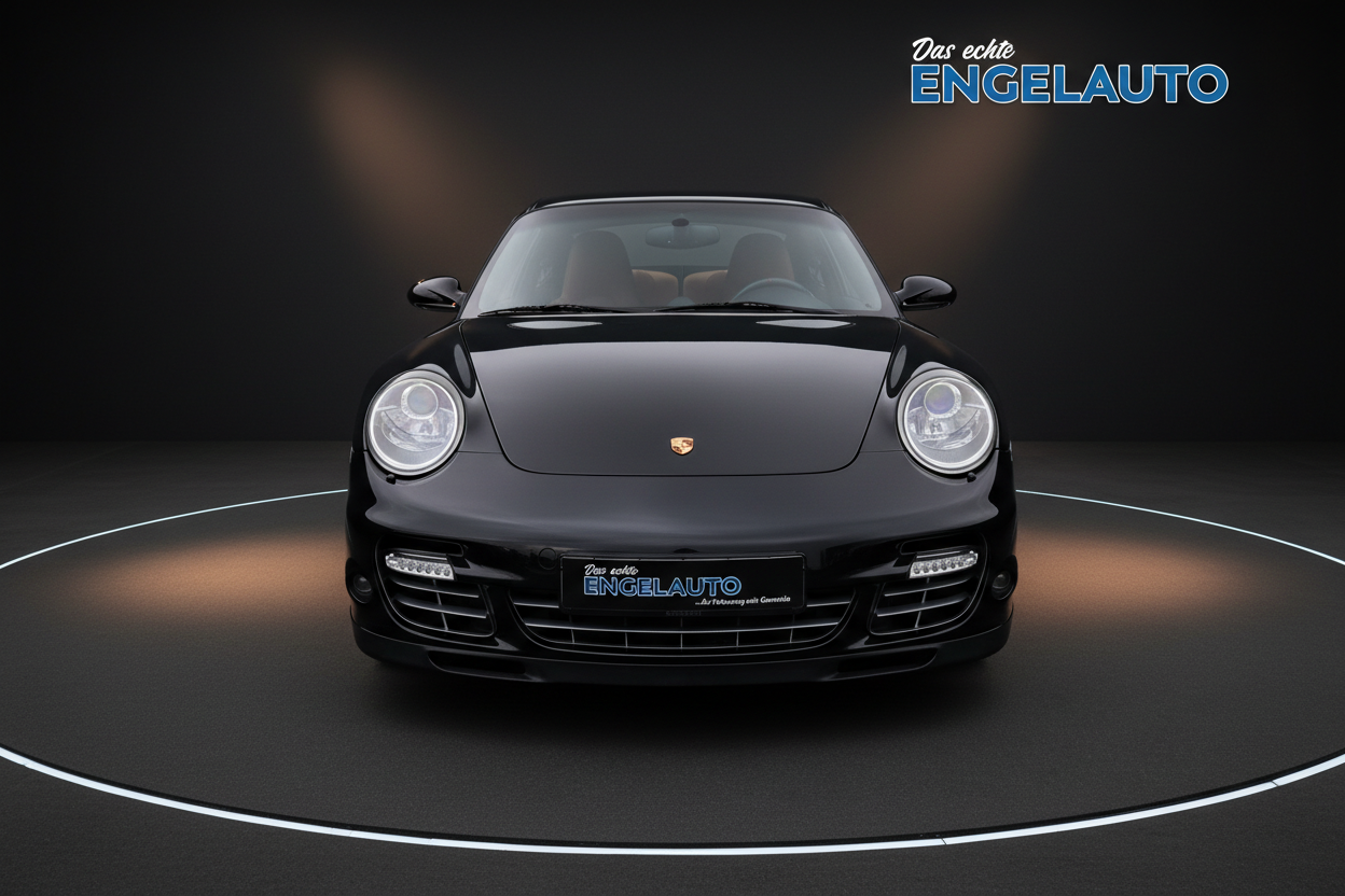 Schwarzer Porsche 911 Turbo Frontansicht im Showroom bei Engelauto - Premium Sportwagen mit LED-Scheinwerfern und charakteristischem Porsche-Design