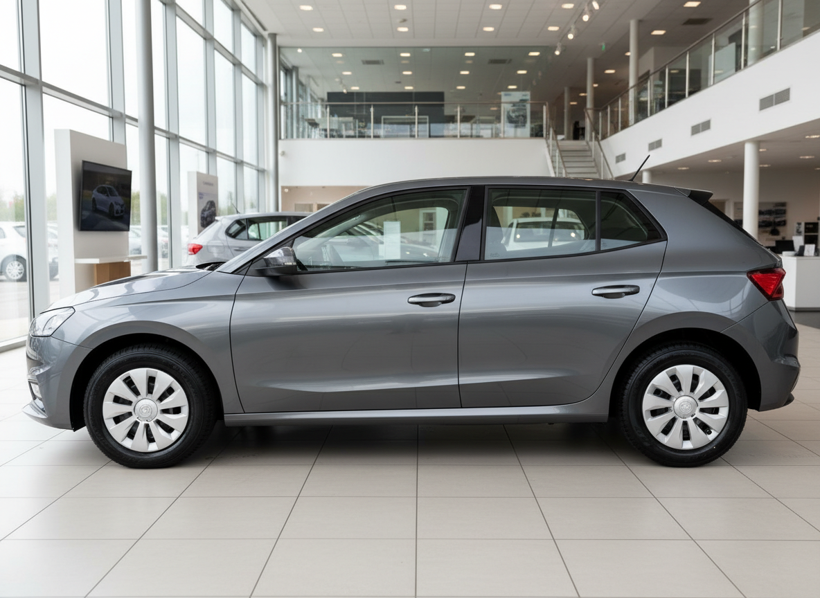 Grauer Kompaktwagen in modernem Autohaus – Seitenansicht eines 5-türigen Schrägheck-PKW