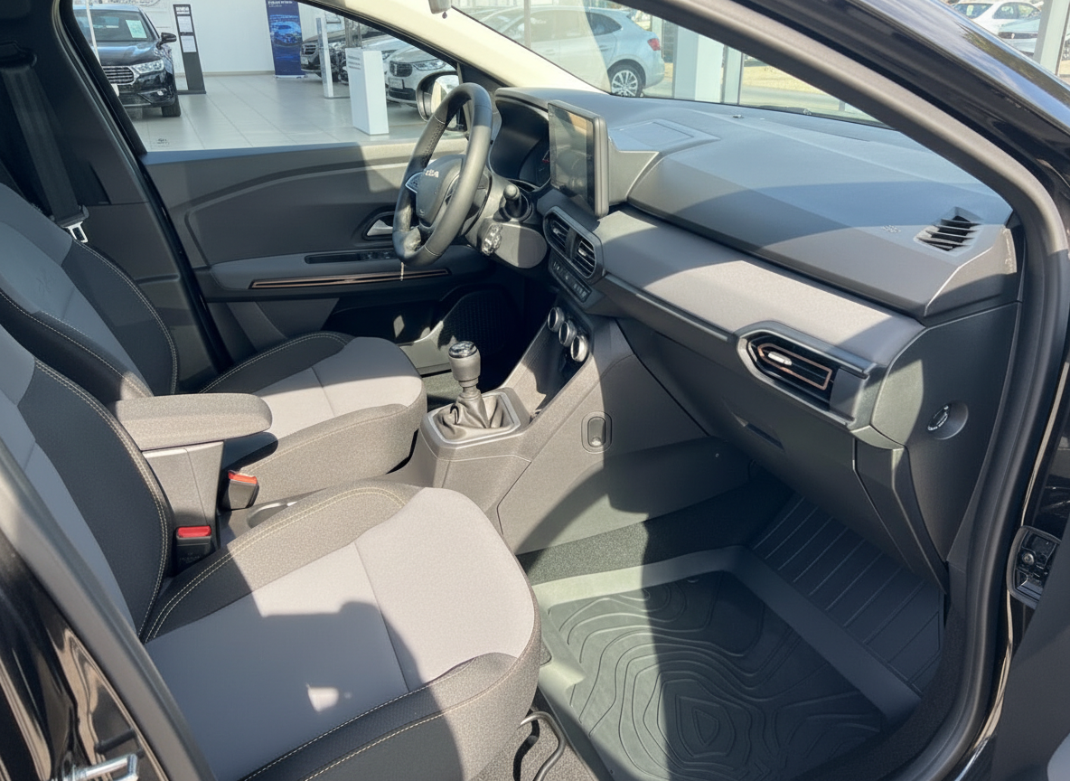 Innenraum Dacia Sandero mit Stoffsitzen in Grau und manuellem Schaltgetriebe im Autohaus