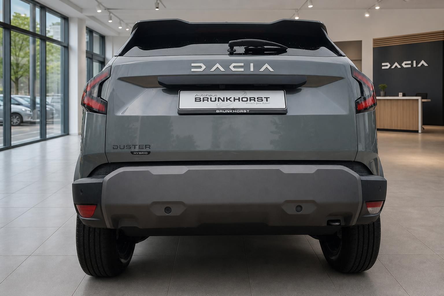 Dacia Duster Hybrid Heckansicht grau Rückleuchten Autohaus Showroom