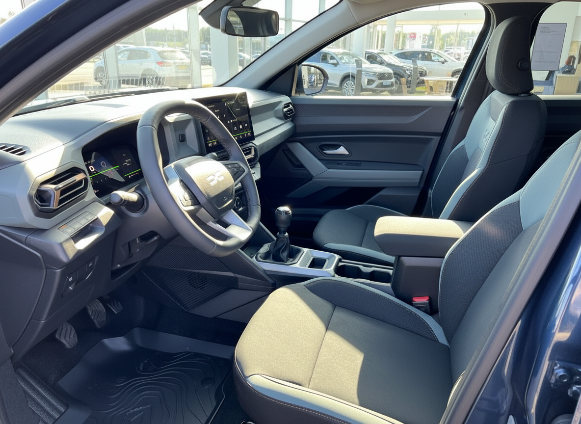 Dacia Innenraum mit Lenkrad, Infotainment-Display und Schaltgetriebe – moderne Fahrzeugausstattung