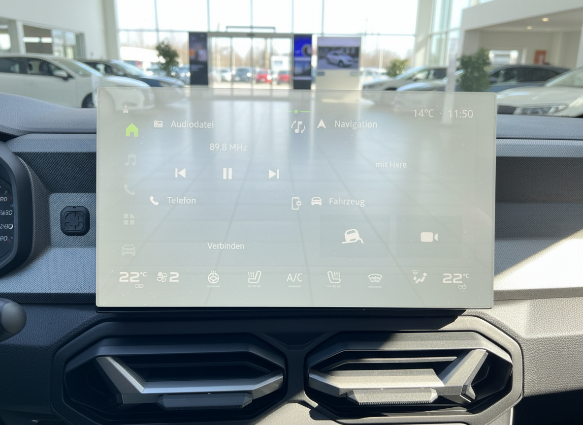 Fahrzeug-Infotainment-Display mit Navigation, Audiodatei und Klimasteuerung im Innenraum