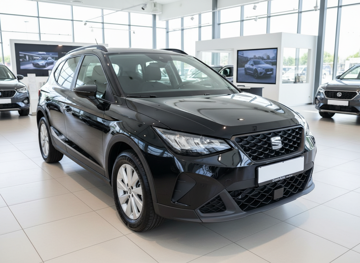Schwarzer SEAT Arona SUV Frontansicht im Autohaus Showroom