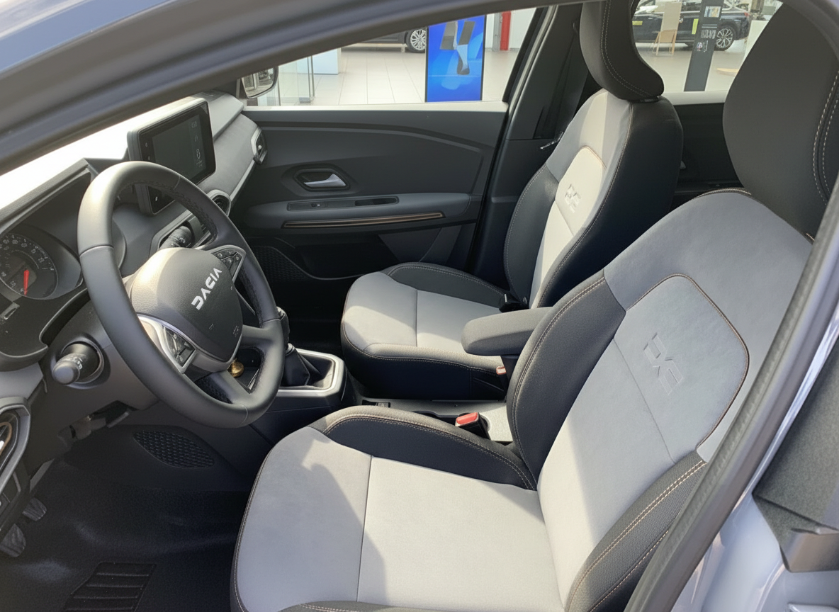 Dacia Innenraum mit grau-schwarzen Sitzen, Lenkrad und Infotainment-Display im Autohaus