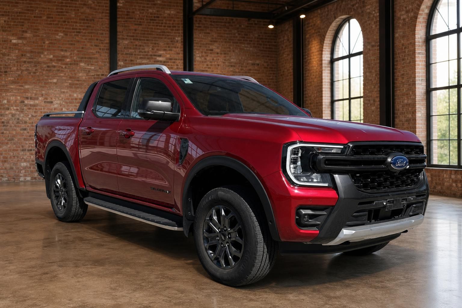 Ford Ranger Wildtrak rot Frontansicht schräg rechts im modernen Showroom