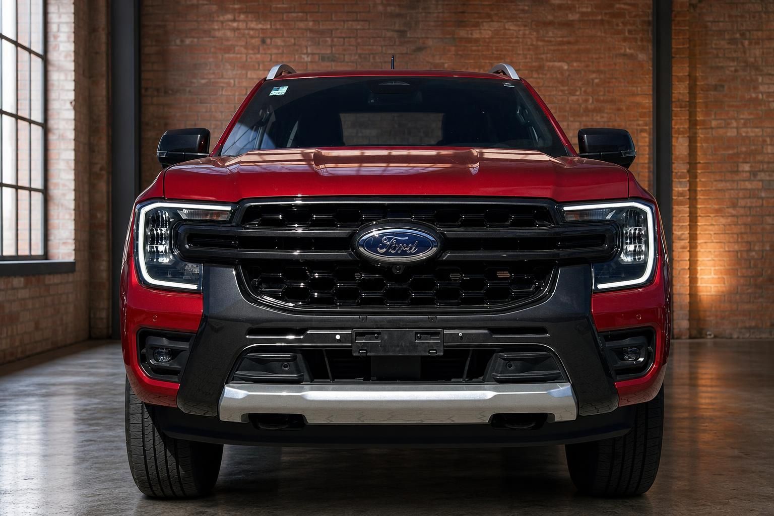 Ford Ranger Frontansicht in Rot mit LED-Scheinwerfern und schwarzem Kühlergrill in Industriehalle